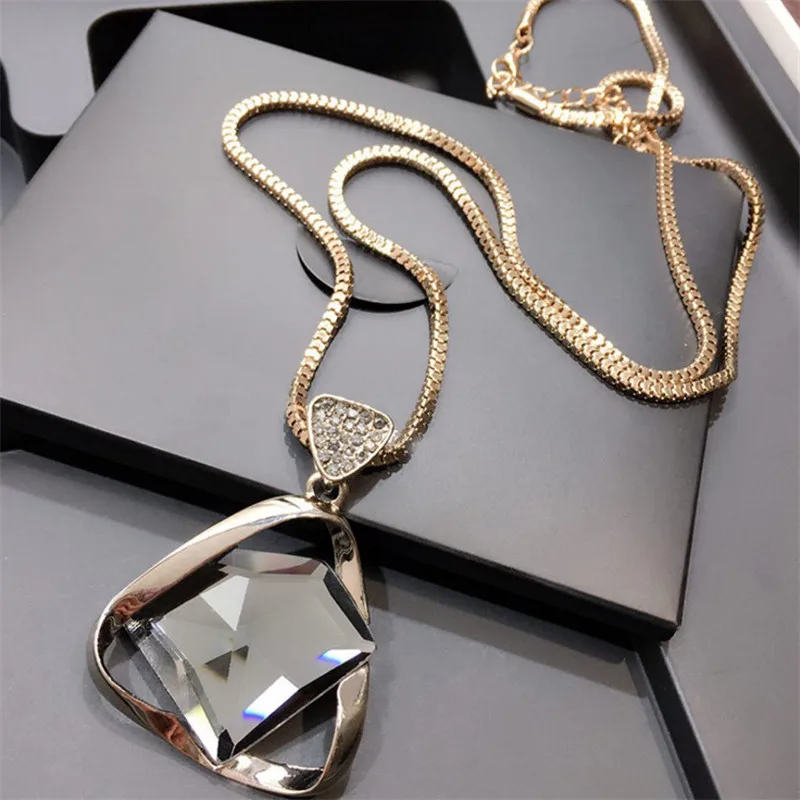 

Lemon Value New Brand Geometry Rhinestone Long Necklace Vintage Punk Triangle Crystal Glass Pendant Necklace Women Jewelry ZA009