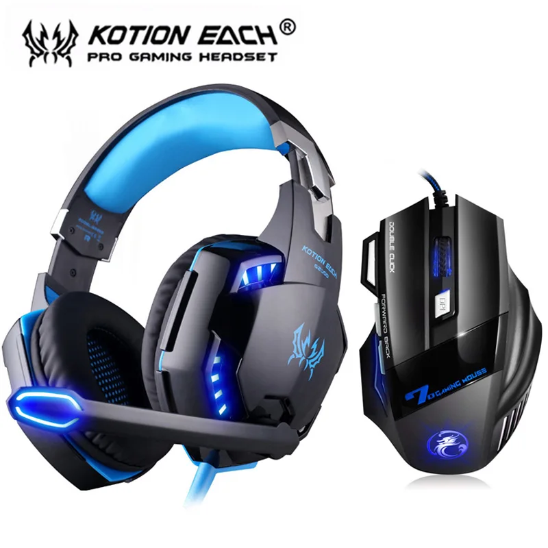 cheap KOTION EACH G2000 Gaming Headset Stereo Deep Bass LED Headphone with Mic Professional Gamer + Optical USB Mouse Game Mice DPI