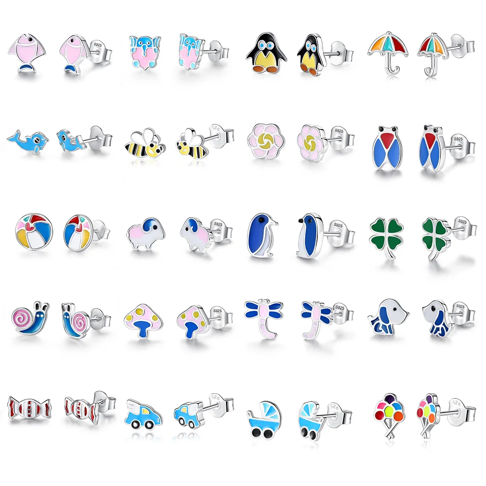 

925 Sterling Silver Stud Earrings with Enamel Flower Heart Candy Rainbow Animals Cute Earrings for Kids Girls Fashion Jewelry