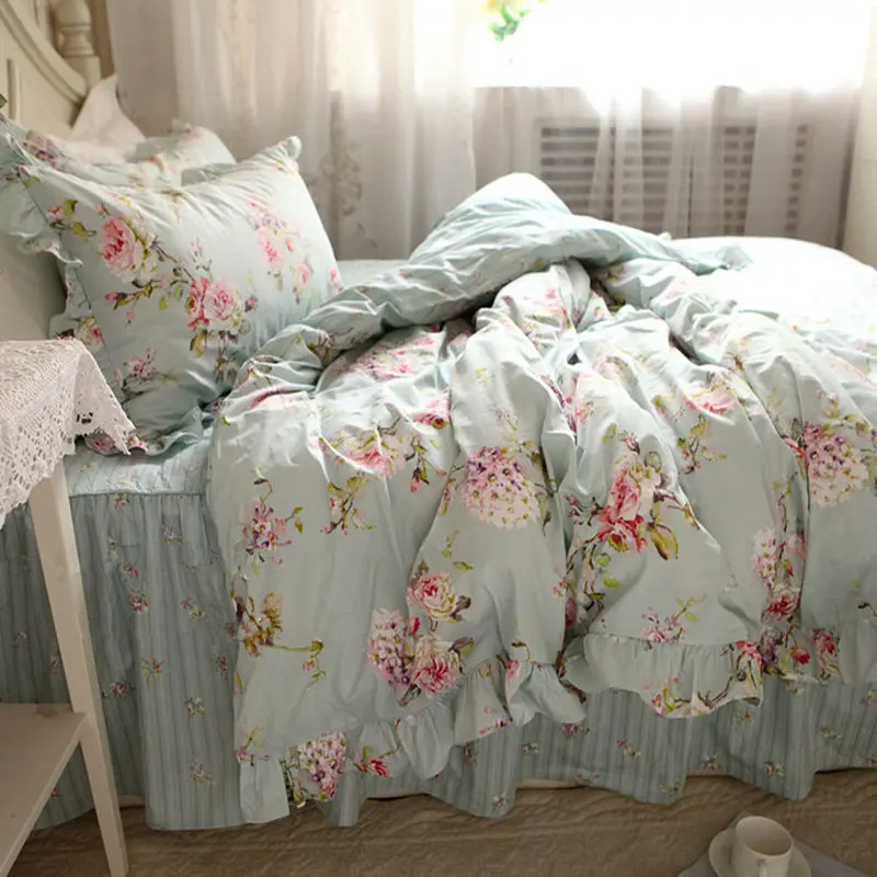 

New European flower print bedding set rustic duvet cover bedding wrinkle bedspread bed sheet for wedding pillowcase bed clothes