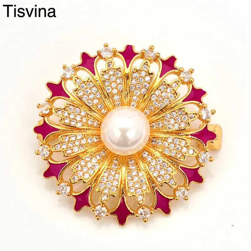 

Tisvina Women Flower brooches Red epoxy Cubic Zircon Pearls Corsages Sweater Suit Pins Brooch Fine jewelry gift for girlfriend
