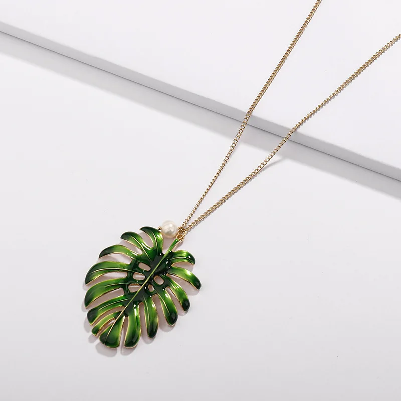

Long Chain Enamel Monstera Pendant Necklaces for Women
