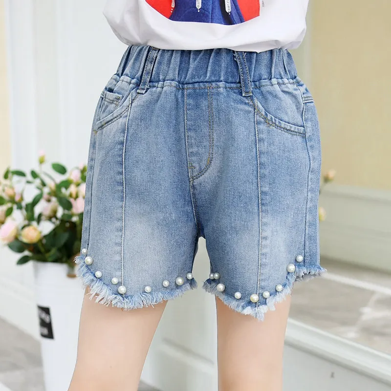 Модные джинсовые синие Мини-шорты для девочек с жемчужинами, дешевые пользовательские джинсы шорты с бусинами высококачественные летние
