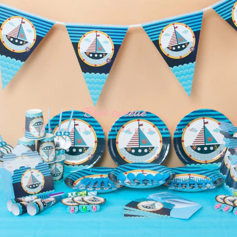 Морская тема одноразовые наборы посуды для детей день рождения украшения морской синий Лодка бумажные тарелки и стаканы вечерние принадлежности