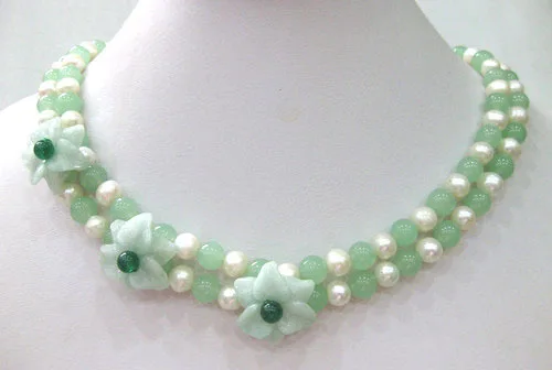 

free shipping>>@> popular 2 row white pearl & light green jade flower necklace