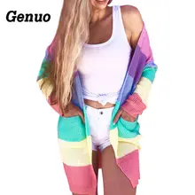 Genuo Autumn Color Block Knitted Sweater Women Fashion Rainbow Striped Loose Long Sleeve Casual Cardigans Knitwear Jumper Femme Genuo Autumn Color Block Knitted Sweater Women Fashion Rainbow Striped Loose Long Sleeve Casual Cardigans Knitwear Jumper Femme