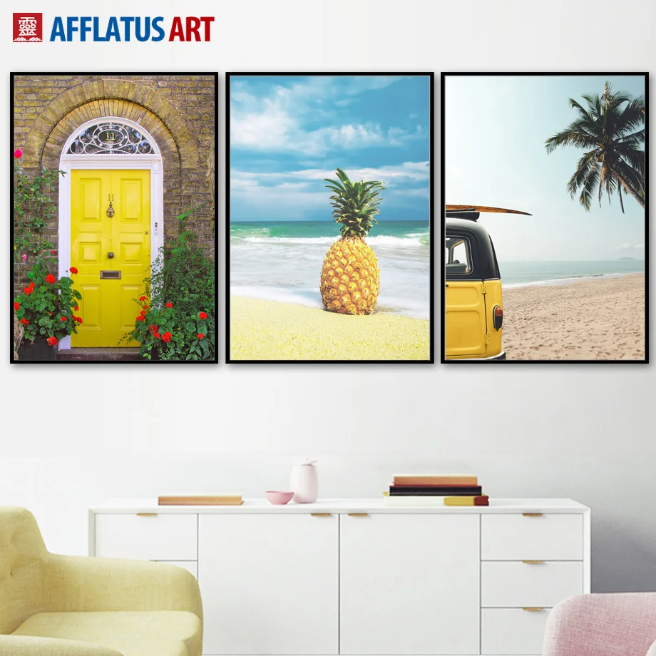 Желтый ананас, Подсолнух, автобус, морской пляж, настенная живопись на холсте, скандинавские плакаты и принты, настенные картины для декора гостиной