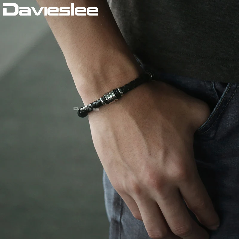 Davieslee коричневый зеленый черный мужские кожаные браслеты бижутерия нержавеющая