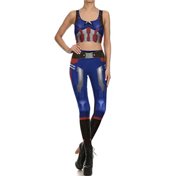 

Fashion 1645 Women Leggings Vest Fitness Set Sexy Girl Crop Top Pants Slim Suits The Avengers Captain American Cosplay Printed