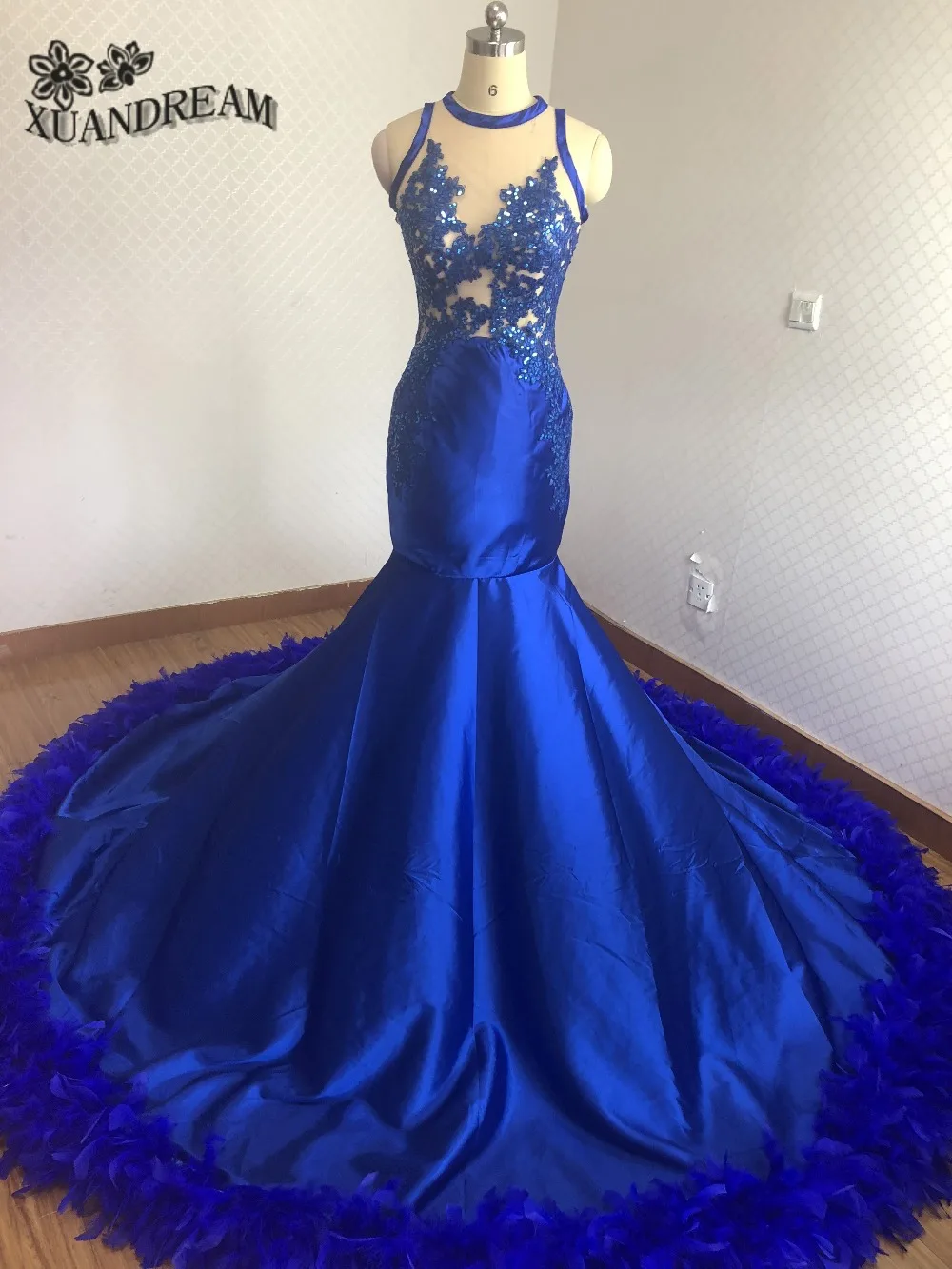 

Hot feather dresses royal blue elegant mermaid evening gowns robe de soiree real made high quality cheap evening dress for party
