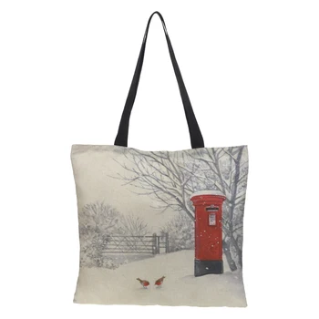 

CROWDALE Merry Christmas Women bag Large Linen printing Shopping bags for Christmas gift bag Women Shoulder bag 43cm*43cm