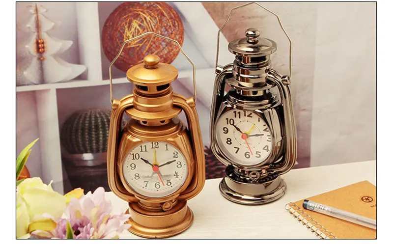 Vintage Alarm Clock Retro Oil Lamp Alarm Clock Watch Table Kerosene Light Clock Living Room Decor Articles Office Craft Ornament