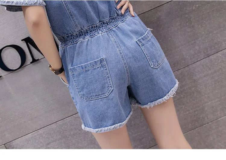 New Summer Wide Leg Jumpsuit Shorts Casual Short Sleeve Denim Rompers Loose Women Playsuit Blue Button Jeans Overalls Femme