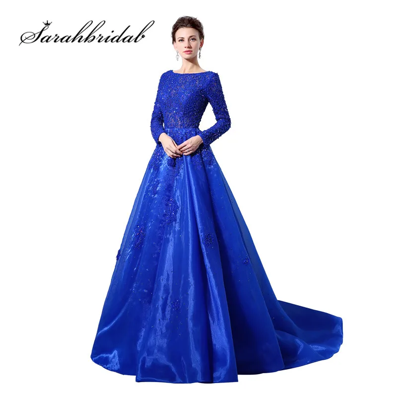Vintage Lace Evening Dresses Long Sleeves Royal Blue Boat Neck Beaded Organza Formal Occasion Gowns Floor Length CC045 Vintage Lace Evening Dresses Long Sleeves Royal Blue Boat Neck Beaded Organza Formal Occasion Gowns Floor Length CC045