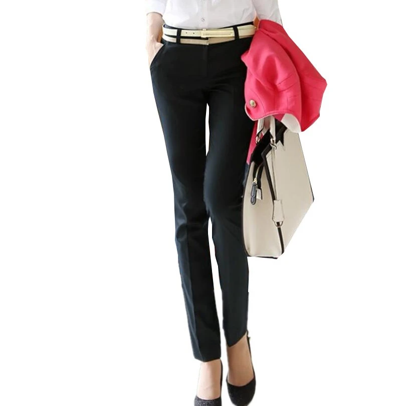 

CHSDCSI Pencil Casual Pants Women Office Trousers Lady Black Middle Waist Autumn Spring Pocket Ladies
