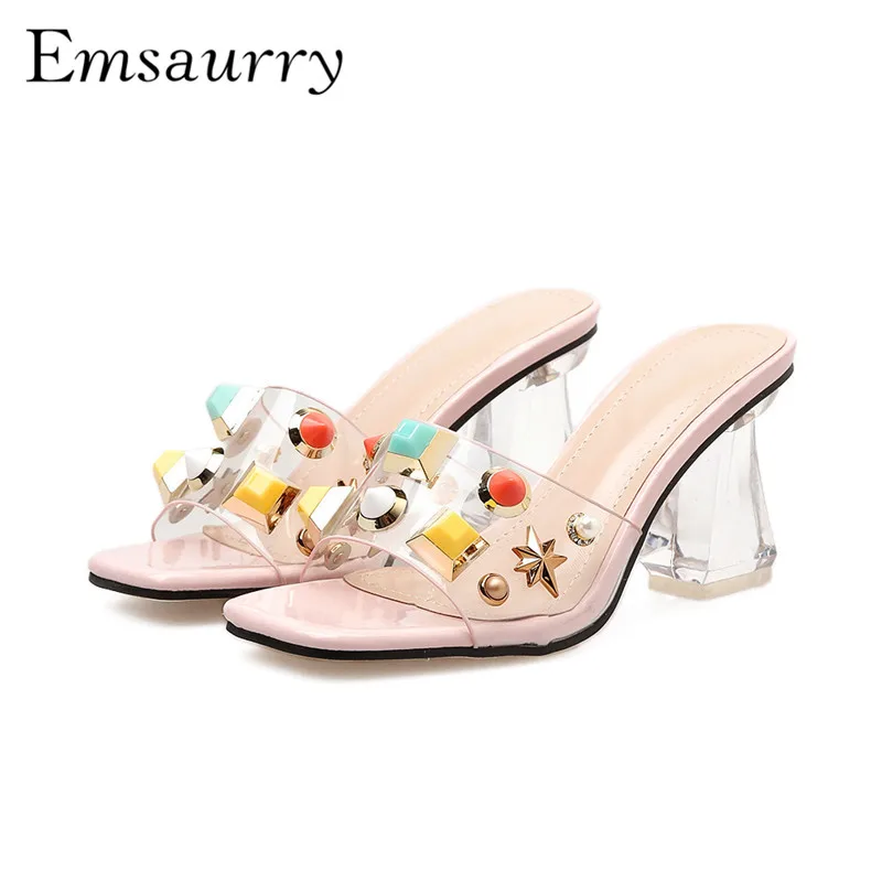 

Clear Chunky Heel Slides Square Open Toe PVC Transparent Metal Star Colorful Rivet Pearl Slippers Women