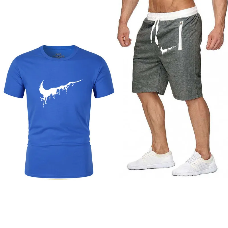 2 предмета спортивный костюм мужской летний хлопковый короткий комплект Мужская брендовая Футболка Мужская дышащая Повседневная пляжная