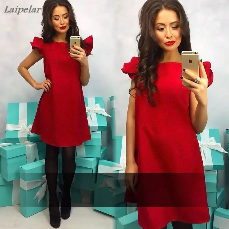 

2018 Lovely Sweet Butterfly Sleeve Summer Dress Women's Solid Color Ruffles Loose Straight Beach Dress O-Neck Party Mini Dresses