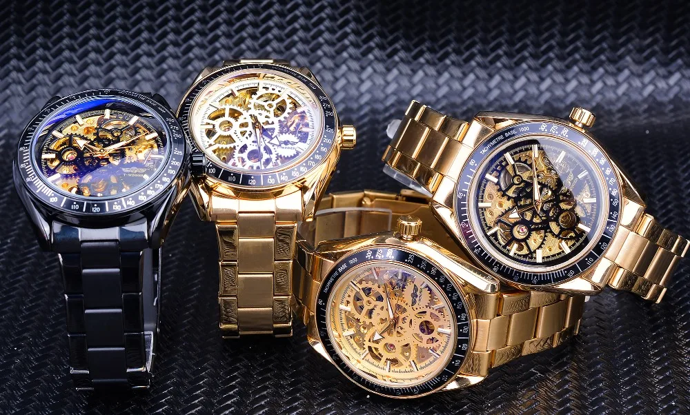 Forsining Мужские механические часы с автоматическим ветром черный золотой скелет часы браслет для мужчин водонепроницаемый relogio masculino