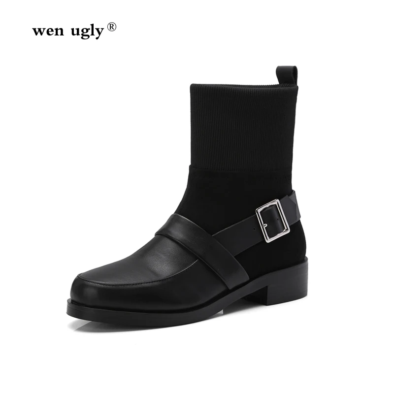 

wen ugly Chelsea boots 2018 autumn and winter women's boots woolen shoes casual leather belt buckle ankle boots size 35-39