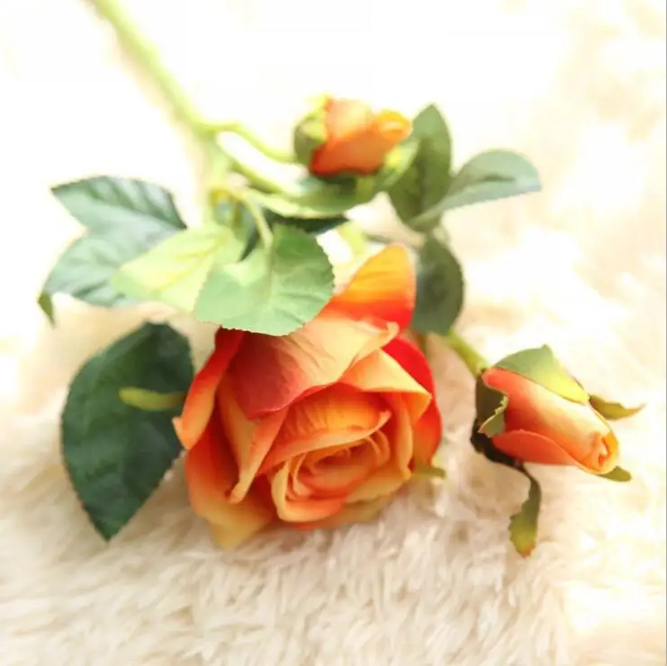 3 головки/ветка искусственный Шелковый цветок розы бутон искусственный цветок ветка для дома и сада Свадьба День Рождения Вечеринка украшения поставки - Цвет: Оранжевый