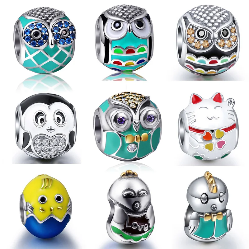 

New Fine 925 Original Sterling Silver Cute Animal Owl Charms Fit Authentic Pandora Bracelet Beads Pendant DIY Jewelry For Gifts