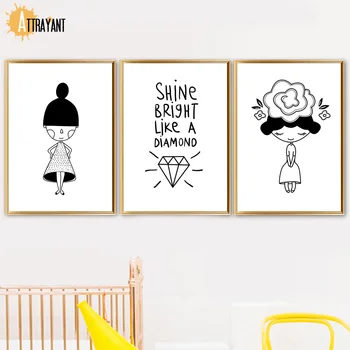 

Cartoon Black White Girl Diamond Flower Wall Art Canvas Painting Nordic Posters And Prints Wall Pictures Kids Room Nursery Decor
