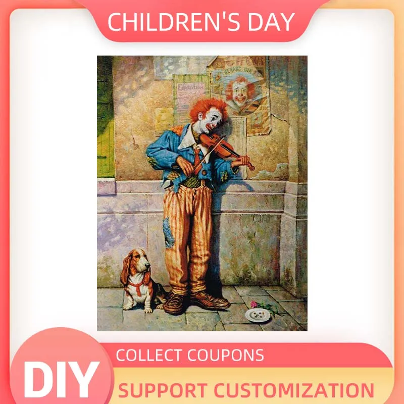 

Full Square Drill Funny Diamond Painting Kit Street Art 5D DIY Embroidery Mosaic New Crystal Cross Stitch Clown Man Boy Violin