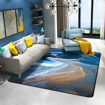 

Fashion Artistic Abstract Blue Seawater White Beach Golden Gilt Door Mat Pad Parlor Living Room Home Decorative Carpet Area Rug