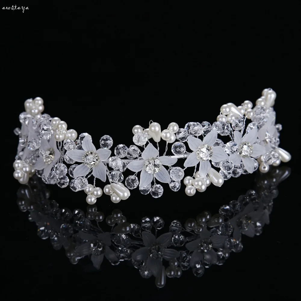 

Trendy Handmade Silver Headband Bride Hair Jewelry Flower Pearl Crystal tiara Crown Wedding Hairpin Bride Hair Accessories
