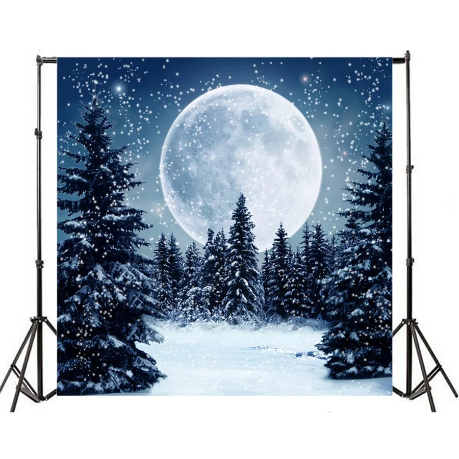 Laeacco Winter Snow Moon Night Forest Scene Baby Children Photography Backgrounds Custom Photographic Backdrops For Photo Studio
