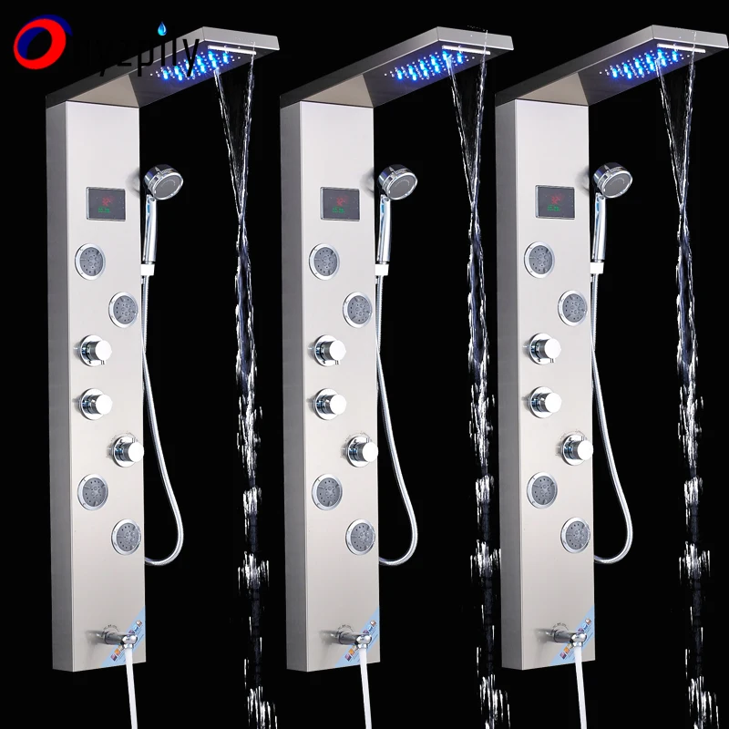 

Shower Panel LED Waterfall Rainfall Nickel Brushed Wall Mounted Bathroom Shower Faucet Shower Panel Column With Hand Sprayer