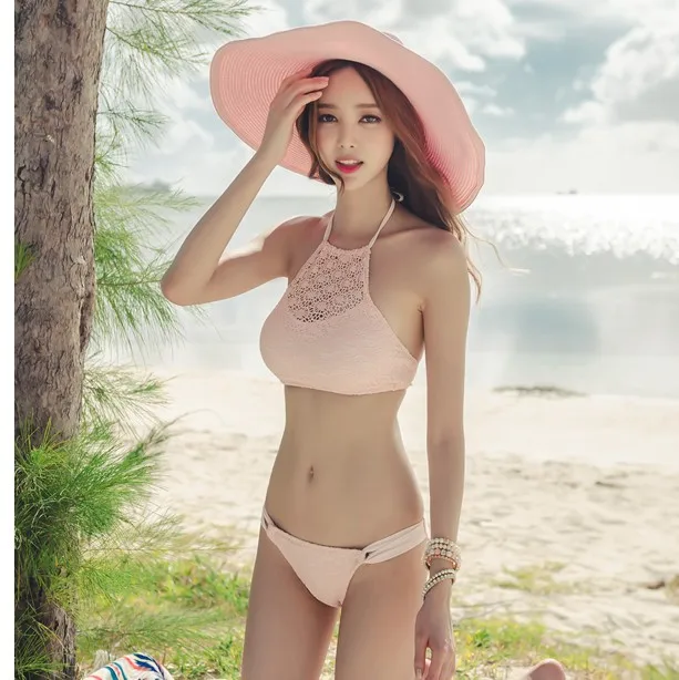 Halter Hoge Hals Bikini Vrouwen 2017 Sexy Lage taille Bikini Zuid korea Netto garen hollow out Badpak Pure Kleur Strand badmode|swimwear color|swimwear koreaswimwear women sexy - AliExpress