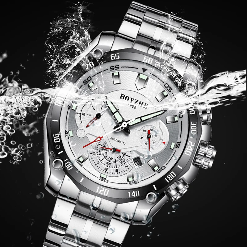 BOYZHE الفاخرة الميكانيكية الساعات متعددة الوظائف الفولاذ المقاوم للصدأ الرياضة ووتش الرجال مضيئة للماء ساعة اليد relogio masculino BOYZHE الفاخرة الميكانيكية الساعات متعددة الوظائف الفولاذ المقاوم للصدأ الرياضة ووتش الرجال مضيئة للماء ساعة اليد relogio masculino