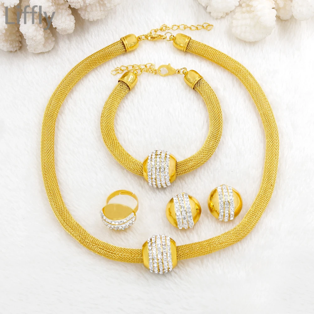 

Liffly Simple Fashion Design Dubai Gold Jewelry Sets for Women Round Shape Crystal Necklace Bracelet Ring Wedding Fine Jewelry