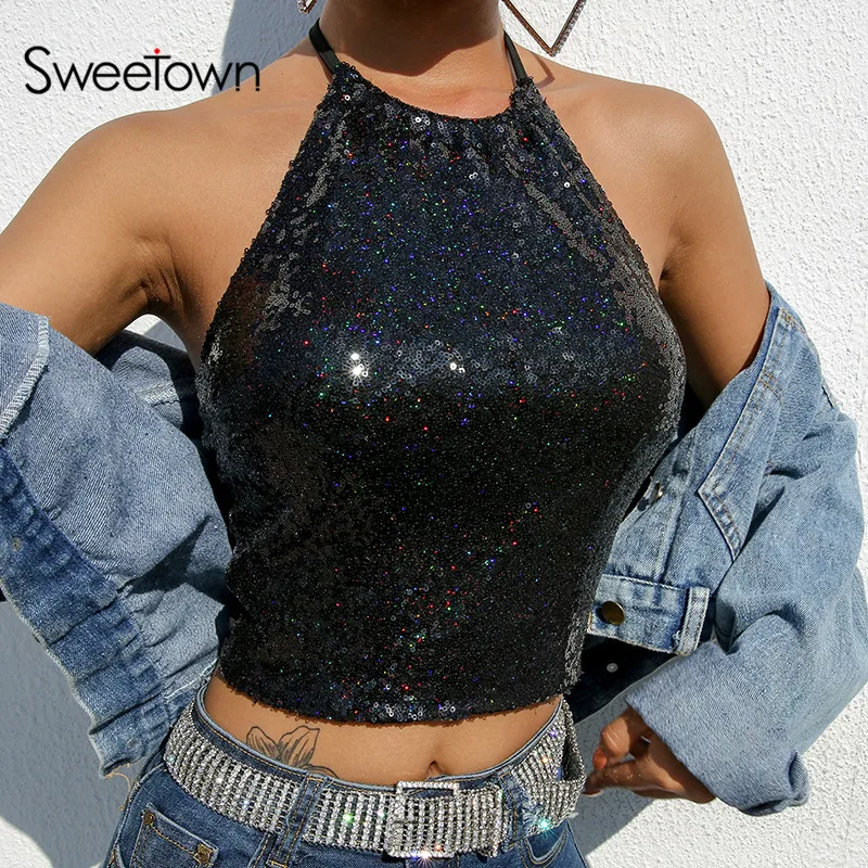 Buy Sweetown Black Glitter Sequined Tank Top Sexy