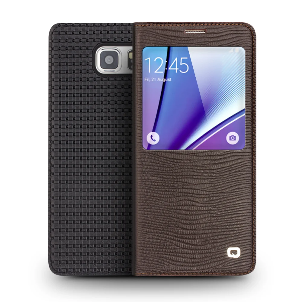 

QIALINO Real Leather Smart Phone Case for Samsung Galaxy Note 5 Genuine Leather cover for Note5 View window design