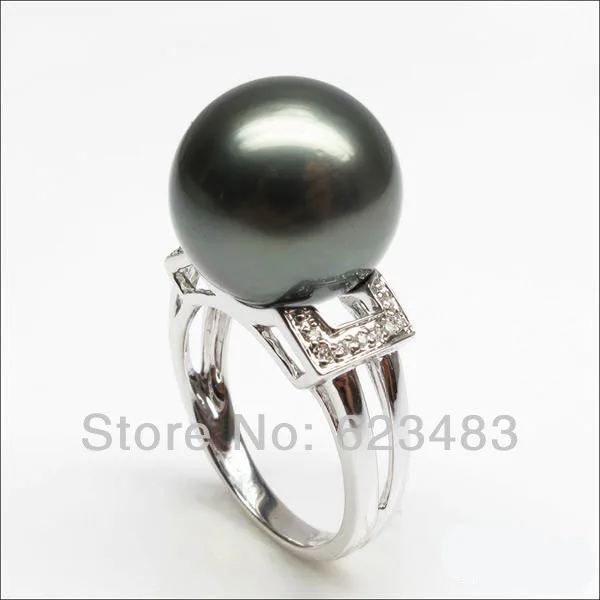

10mm BLACK Tahitian PEARLS .26ct . Solid 14kt WHITE GOLD Engagement RING