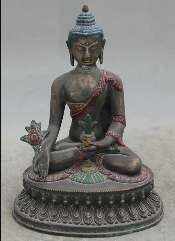 

003705 9" Tibet Buddhism Seat Bronze Painting Menla Medicine Buddha Medical God Statue