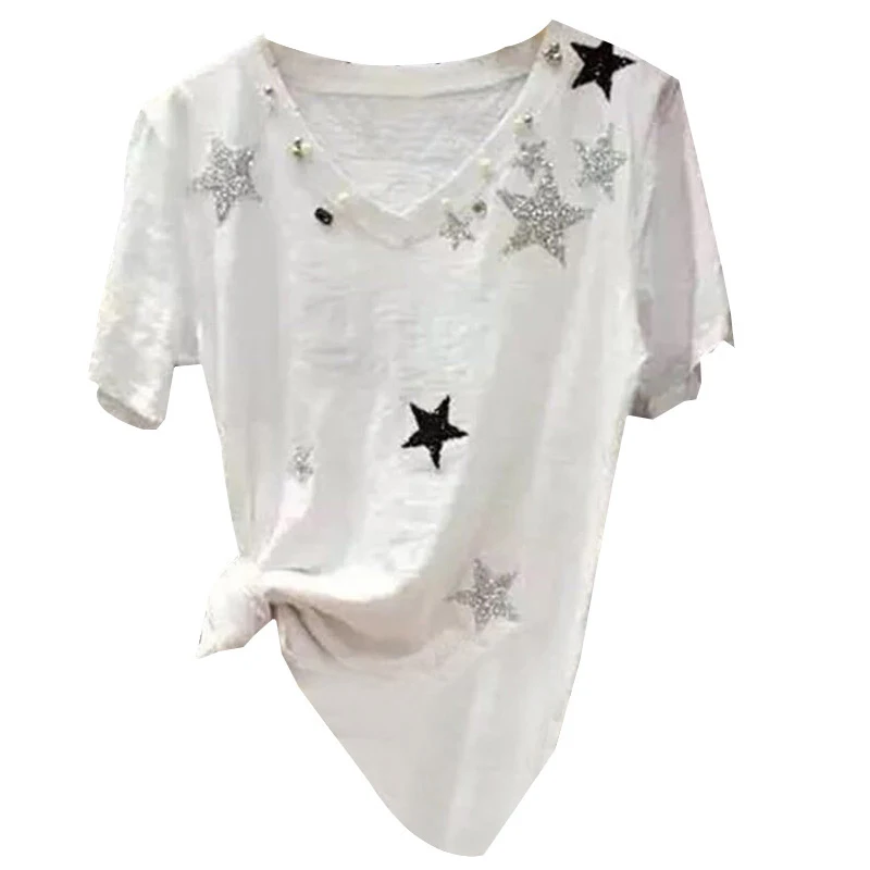 

2019 summer new 100% cotton women t-shirts five star beaded v-neck loose cotton white top tees female student outwear tops