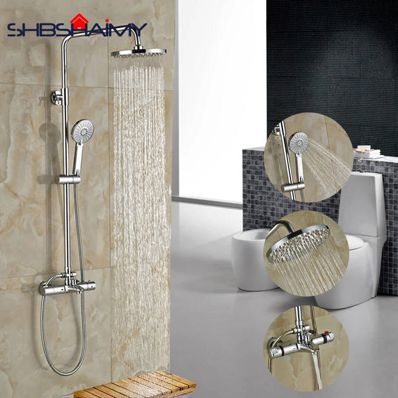 

Chrome Polished Thermostatatic Shower Faucet Hot and Cold Switch Mixer Tap with 8'' ABS Shower Head & Tub Faucet