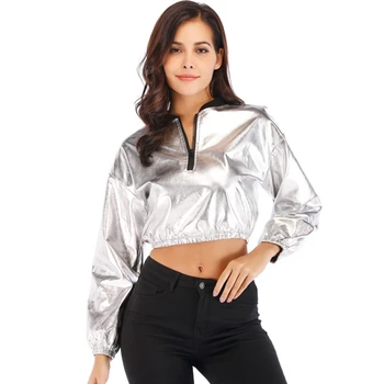 

Spring Autumn 2019 Short Jacket Women Crop Top Silver Pullover Jacket Zipper Long Sleeve Coat Outwear chaqueta mujer C8D291