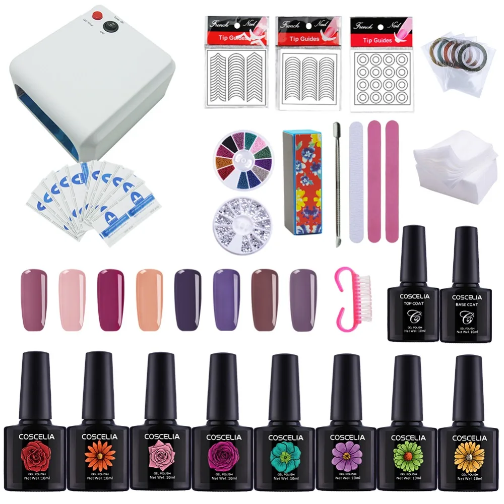 

COSCELIA 36W UV Lamp Dryer Nail Set Soak Off UV Gel Polish Manicure Set Nail Salon Kit Base Top Coat UV Build Gel Tips
