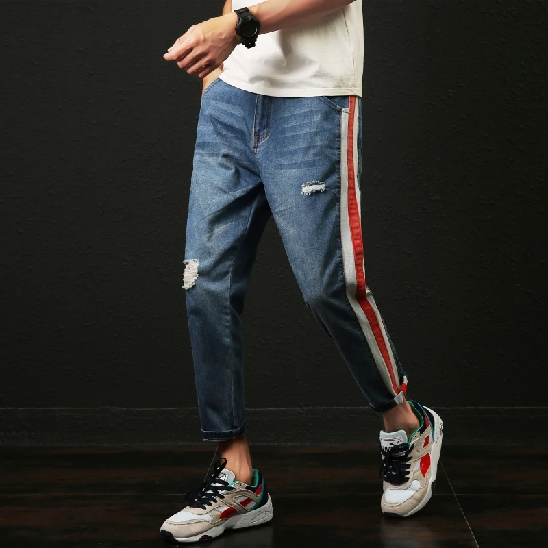 2018 New Original Men Fashion Casual Blue Holes Side Stripe Cowboy Pants Stretch Slim Fit Jeans Homme Denim Trousers Plus Size 