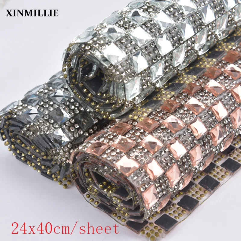 

24*40cm /Roll Rhinestone Trim 8mm Square Stone With 2.5mm Clear Crystal Rinestones Hot Fix Mesh Wedding Decoration DIY Applique