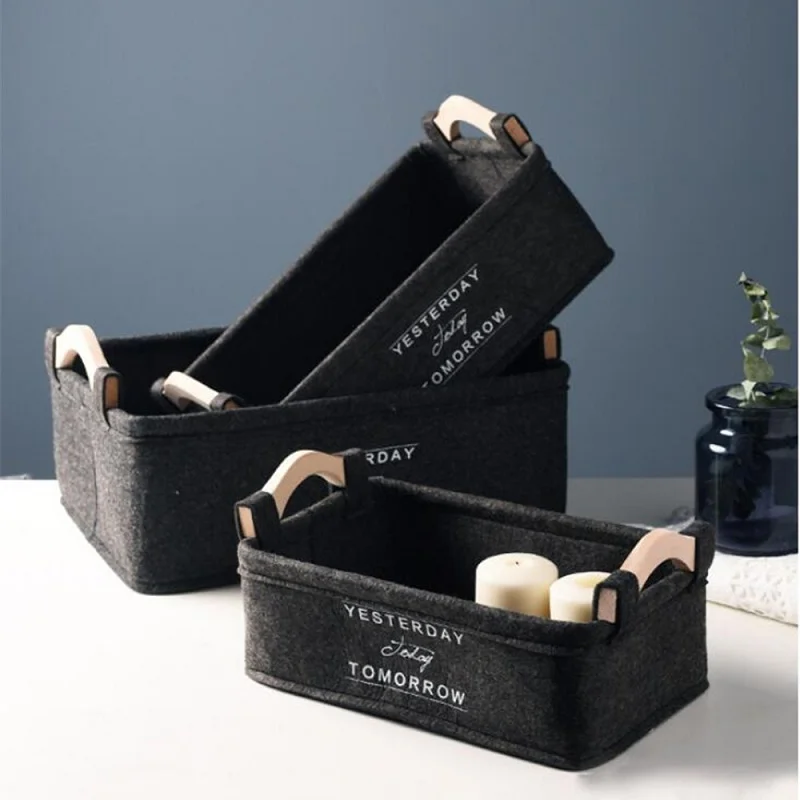 

Modern Felt Fabric Desk Storage Basket Creative Hand-made Wood Handles Home Storage Baskets Multifunction Cosmetics Organizer