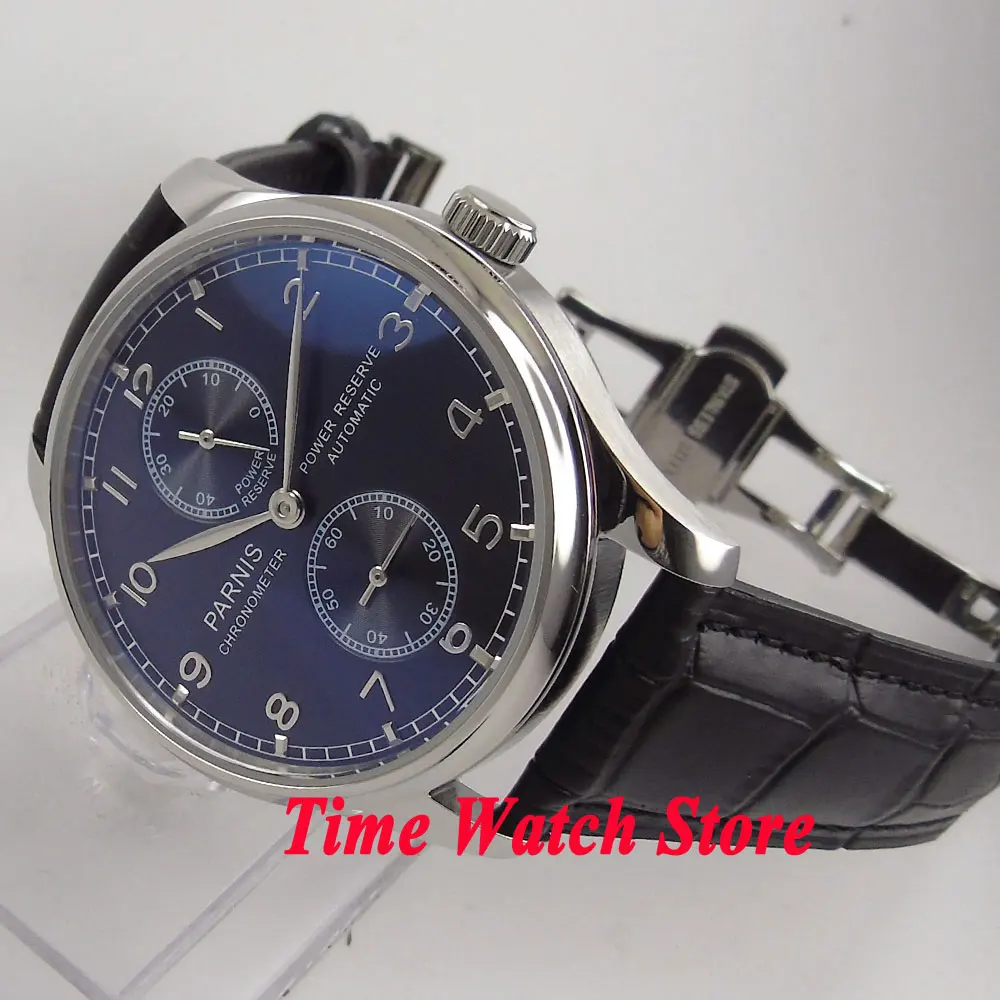 Parnis 43mm ST 2542 Automatic men's watch waterproof black dial silver hands power reserve deployant clasp leather strap P100