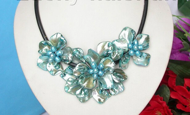 

shipping baroque handcraft blue seashell pearls choker leather necklace j8162