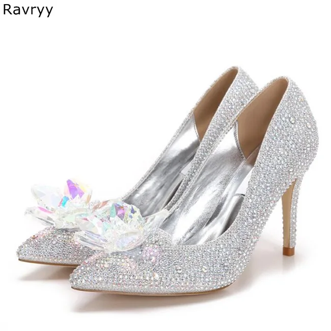 Вечерние туфли Золушки на высоком каблуке с кристаллами; женские свадебные туфли-лодочки с острым носком на высоком каблуке со стразами без застежки - Цвет: 7cm