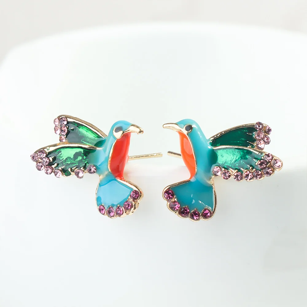 

Girl Punk Enamel Bird Stud Earring with Pink Clear Crystal for Women Animal Studs Earring Statement Anti Allergy Earring Jewelry